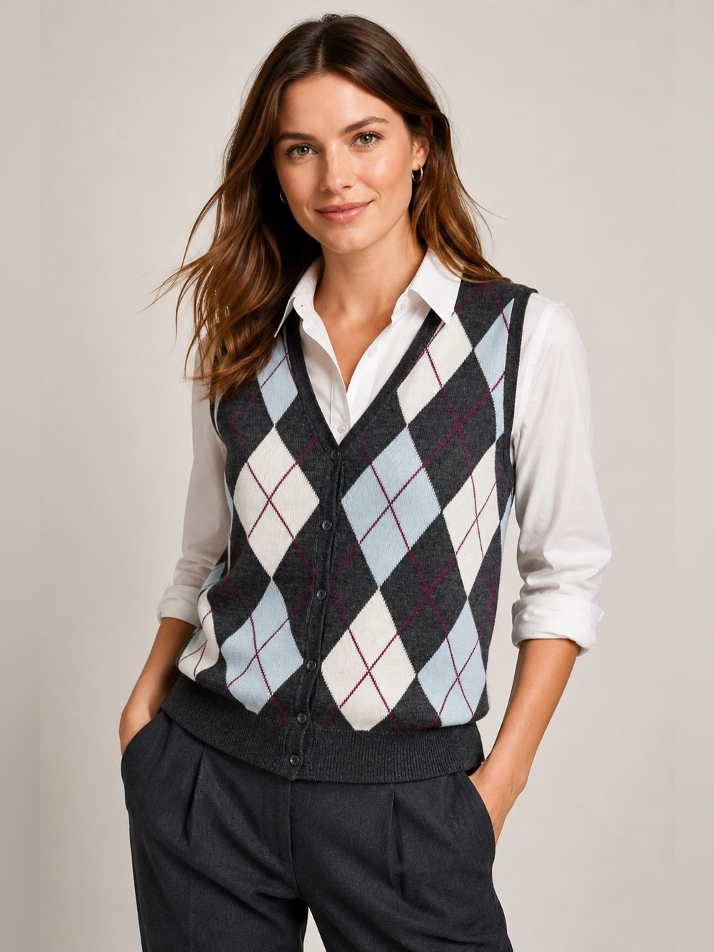 Talbots Petites Argyle Sweater Vest Wool Blend Button Front Gray Blue Medium